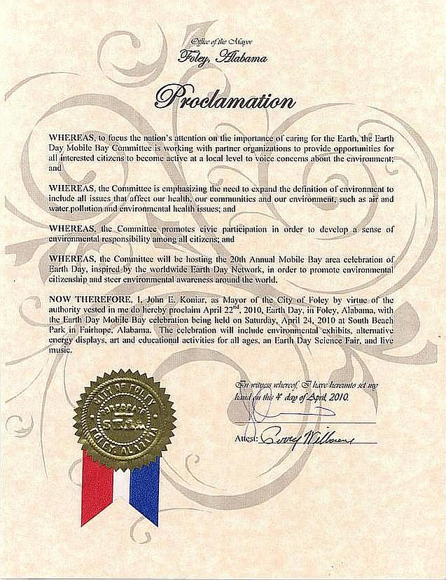 Foley 2010 Earth Day Mobile Bay Proclamation