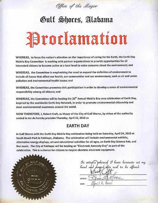 Gulf Shores  2010 Earth Day Mobile Bay Proclamation