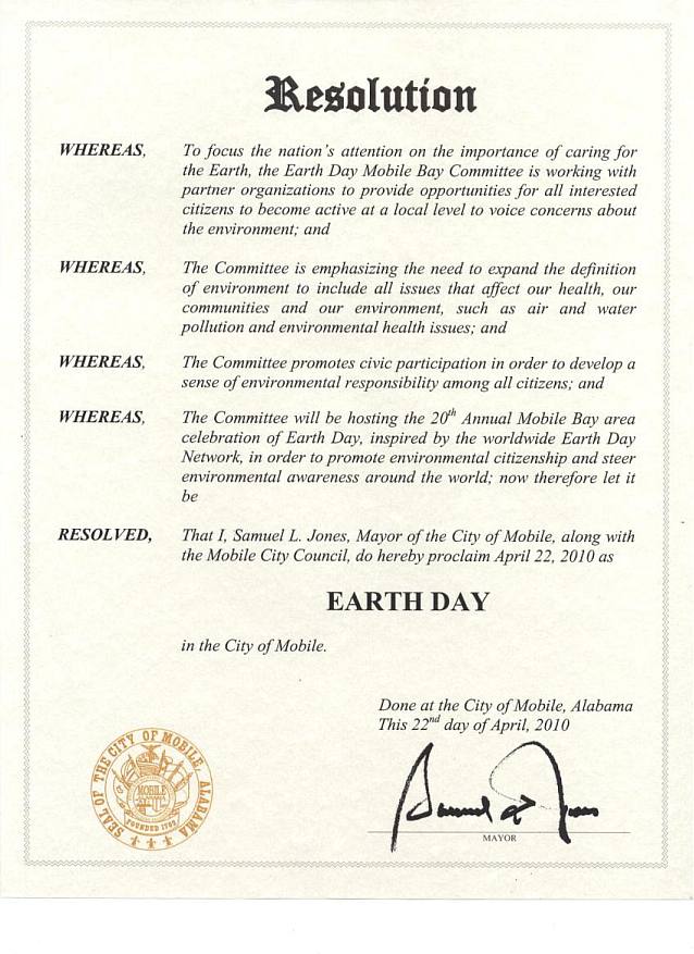 Mobile 2010 Earth Day Mobile Bay Proclamation